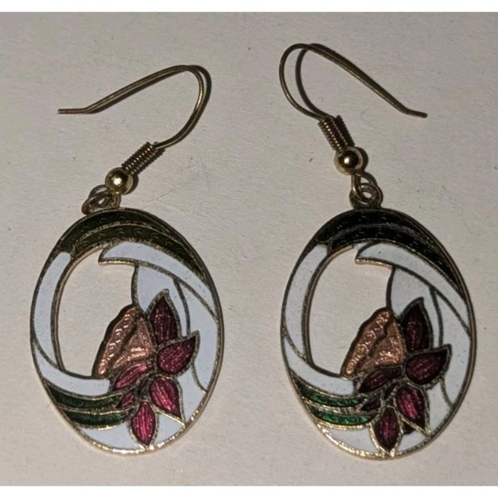 CLOISONNE FLORAL PINK FLOWER OVAL DROP EARRINGS MULTICOLOR ENAMEL VINTAGE HTF - Picture 2 of 6